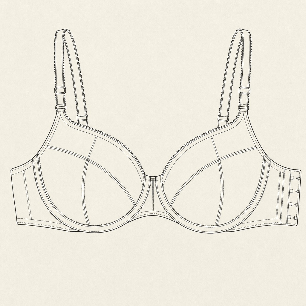 Technical flat drawing of a full-cup underwire bra with five numbered callouts