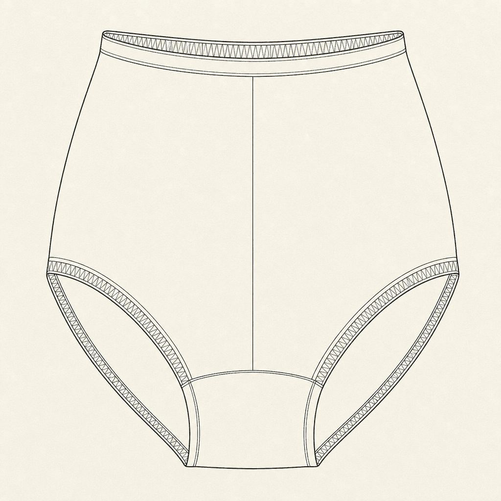 Technical flat drawing of a high-waist brief with four numbered callouts