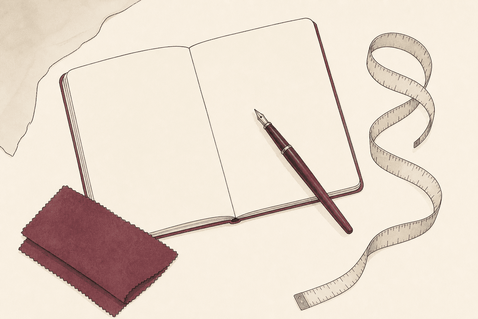 Illustration of a fitter's notebook, a fountain pen and a tape measure